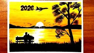 Happy New Year 2026 |Easy oil pastel sunset landscape drawing |Step-by-Step tutorial 