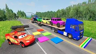 Flatbed Truck McQueen /Transportation with Truck - Pothole vs Car #030 / BeamNG.Drive Gameplay