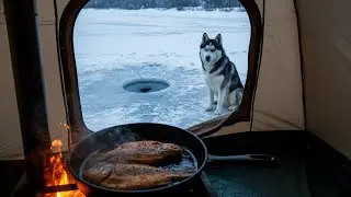 Solo Ice Fishing & Hot Tent Camping at -75&deg;C | Catch and Cook ASMR