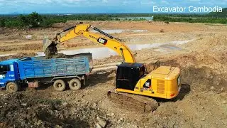 HYUNDAI And CAT Excavator Excavation Loading Dump Truck Running To Site Road - Excavator Cambodia