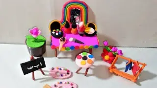 DIY HOW TO MAKE POLYMER CLAY Miniature Vanity Table with Clothes Rack, Chalkboard, Color palette