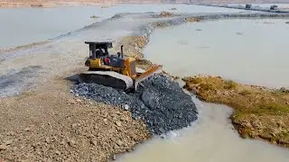 Amazing Techniques Build Road on Water Use Bulldozer Push Stone and Dump Truck Unloading Stone