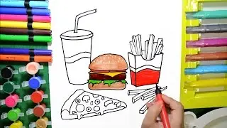 Draw Color Paint Burger, Pizza, French Fries Coloring Page and Learn to Color