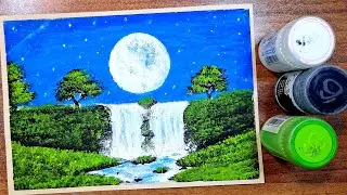 Waterfall Painting Tutorial on a Moonlit Night |Step-by-Step for Beginners