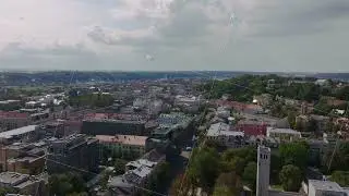Aerial views capture the cityscape of Kaunas, Lithuania, showcasing buildings and streets from an