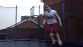 gymnast and chubby do tricks on the trampoline