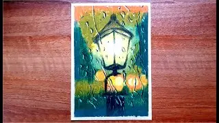 Zeichnen Sie Straßenlaterne unter regnerischer Nacht - Öl-Pastell