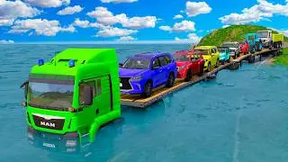 Triple Flatbed Trailer McQueen Transportation with Truck - Speedbumps vs Cars vs Train - BeamNG #015