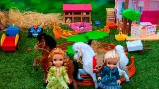 Elsa and Anna toddlers at the farm with Barbie, horse riding, water splash and relax and pool fun