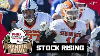 Which 2024 Senior Bowl prospects NFL Draft stock is rising and climbing the Arizona Cardinals board?