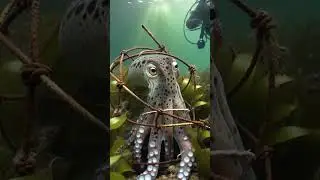curious octopus entangled in wire trap, eyes wide, tentacle reaching toward diver