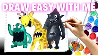how to draw monsters of the game The garten of Banban - Stinky Joel, Giraffe Melman, Sharky Clee