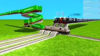 FOUR TRAINS CROSSING CRAZIEST DOUBLE 360&deg; DEGREE SPRING LOOPS CURVED RAILROAD TRACKS | Beamng Drive