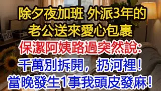 除夕夜加班，外派3年的老公送來愛心包裹，保潔阿姨路過，突然指著我的快遞盒說：千萬別拆開，扔河裡！當晚河邊發生一事我頭皮發麻！#為人處世 #正能量 #故事分享 #生活經驗 #情感