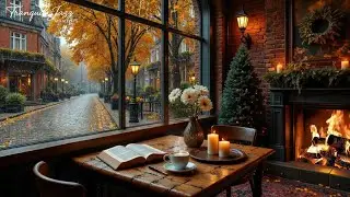 Beautiful November Autumn Morning With Rain 🍂 Soft Jazz Piano and Warm Fireplace for Relax & Work