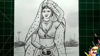 Beautiful Lady with Kalash drawing easy | How to draw Indian Woman figure with pencil sketching