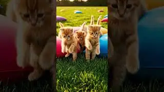 Kittens dash across colorful cushions in silence, nearly tumbling over each other