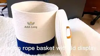 Tall Extra Larger Cotton Rope Blanket Baskets With Lid For Living Room, White and Blue Color