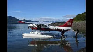 Float plane landing at Katmai Wilderness Lodge, Alaska