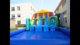 Custom Inflatable Water Parks Pool With Slide And Toys On Land