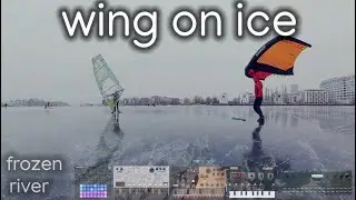 wing foil on ice - slide on a frozen river