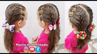 Penteado Infantil com Ligas, Tranças e Maria Chiquinha | Two Ponytails with Elastics and Braids