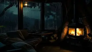 Rain in Wooden Cabin with Fireplace | Deep Sleep Background Sounds with Rain on window
