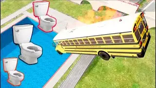 School Bus Down In Swimming Pools &ndash; Epic BeamNG Drive Bus Crash Test in BMG Simulation