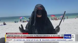 Lawyer dresses as grim reaper to protest opening of beaches
