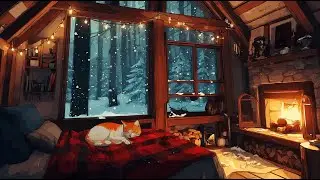 Deep Sleep Fireplace Lo-Fi 🔥 Cozy Winter Cabin Night with Sleeping Cat