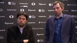 Hikaru Nakamura and Alexander Grischuk after Round 5 of the FIDE Grand Prix 2022 in Berlin