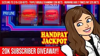 HANDPAY JACKPOT SIZZLING 7s SLOT MACHINE! $30 Bets Triple Double Diamond + TORY BURCH PURSE GIVEAWAY