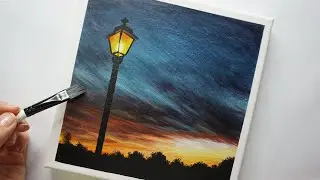 Sunset with Street Light - Easy Acrylic Painting For Beginners - On Canvas Step by Step #62