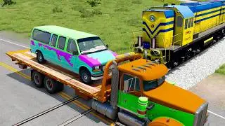 Double Flatbed Trailer Truck vs Speedbumps Train vs Cars | Tractor vs Train Beamng.Drive