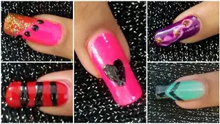 Simple and cute nailpaint tricks#nailarthacks of heart, line and flowers ❤️🖤#viral #shortsfeed