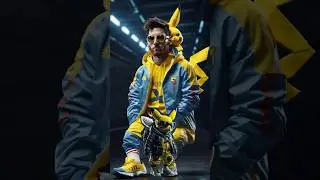 Messi as pikachu dressed in futuristic sportswear clothes, big sneakers and a futuristic glasses