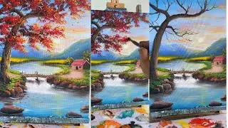 030 - How to Paint a Beautiful Landscape with Trees, House, Sunrise, Lake and Waterfall 