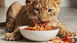 Lion cub eating spaghetti! 😄😂