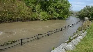 Onondaga Creekwalk flooded in Syracuse near Franklin Square