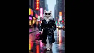 &ldquo;Midnight Strut: The Chic White Cat in the Rain