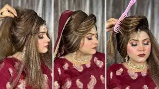 Puff hairstyle for reception | Front bun hairstyle for medium hair | elegant low bun hair tutorial |