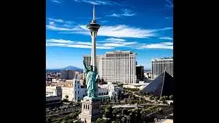 This is Las Vegas. A drone like camera and zoom in  and pan around the area.