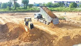Amazing Techniques Skill Operator Bulldozer Pushing Soil In To Slop Water And Dump Truck Unloading