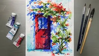 Watercolor Painting - Red Door and Vine Red Roses-Light and Shadow-Tutorial Step by Step.