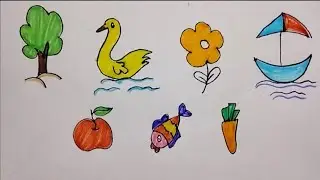 Easy Drawing for Kids | Tree Duck Flower Boat Apple Fish Carrot Drawing Step by Step