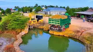 incredible delete pond landfill build factory , truck transport with bulldozer push soil to water