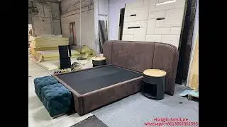 Hongjinfurniture Customize bedroom set premium fabric wall panel and solid wood bed frame