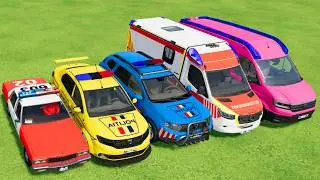 TRANSPORTING POLICE CARS, AMBULANCE, FIRE TRUCK, COLORFUL CARS WITH TRAIN -FARMING SIMULATOR 22!