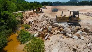 Awesome Huge Land Filling Up Processing Operator Bulldozer Moving Stone Leveling Deep in Ground