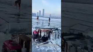 Harvesting Ice Blocks on a Frozen River